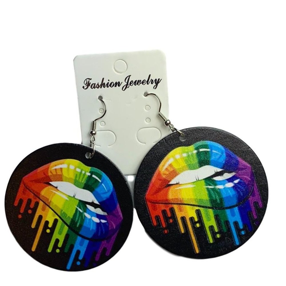 Wooden hand painted round earrings  LIPS